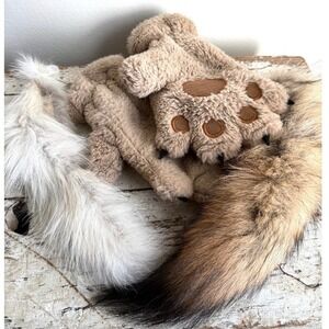 Kids Paw Mittens and Faux Fur Tail Set Tan Brown White Cosplay Costume
